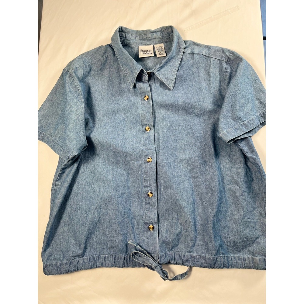 Baxter & Wells Womens Blue Denim Short Sleeve Button‎ Down Cinch Hem Shirt L